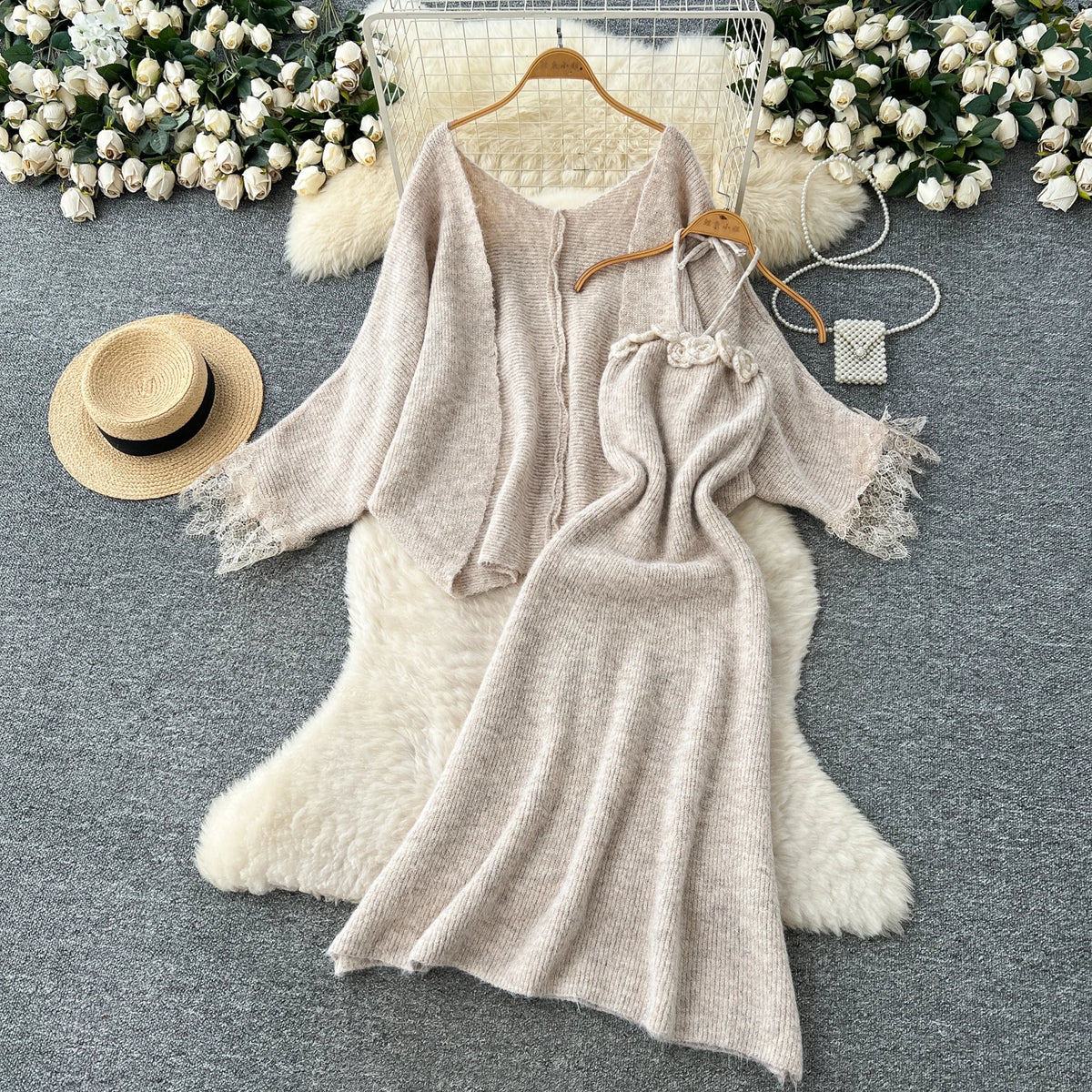Lace Trim Knit Cardigan and Floral Halter Dress Set for Women