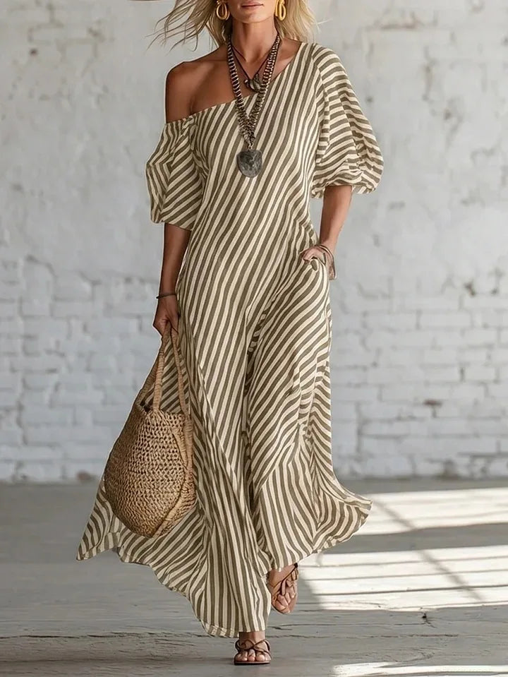 Striped Off Shoulder With Pockets Maxi Dress for Women