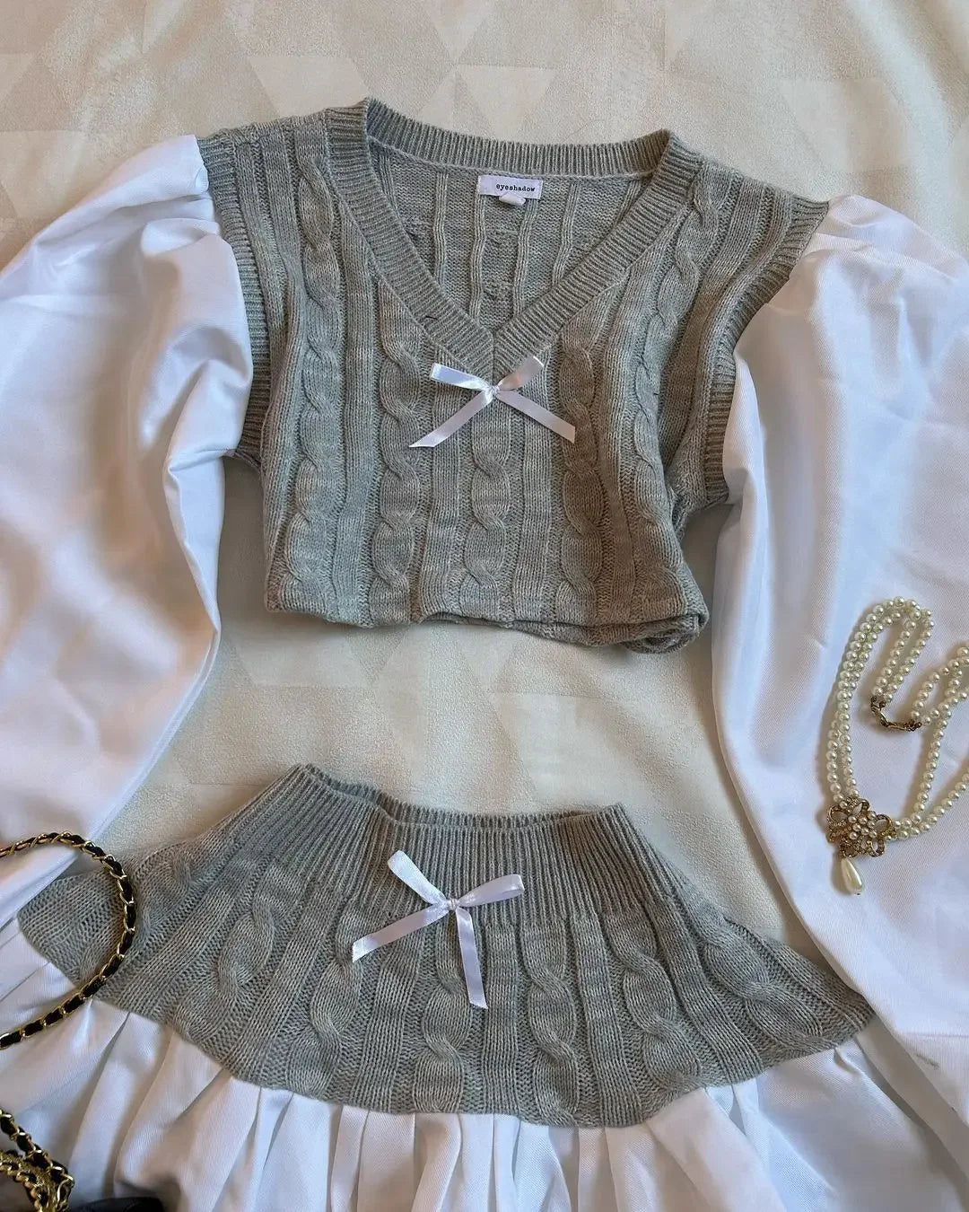 Harajuku Bow Patchwork Knit Set