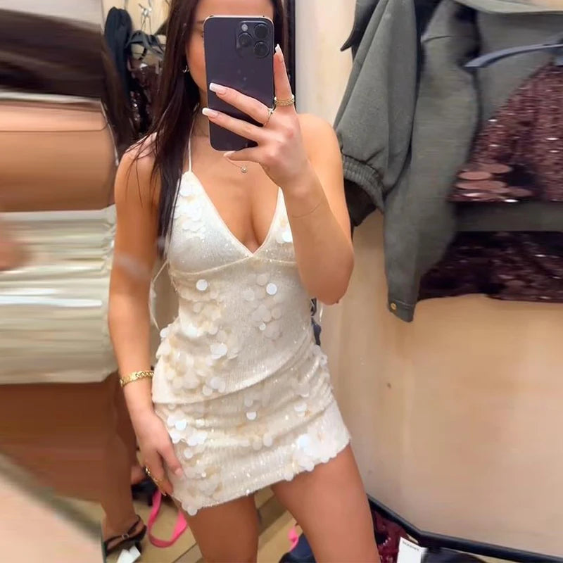 Sequin Halter Two Piece Top and Mini Skirt Set for Women
