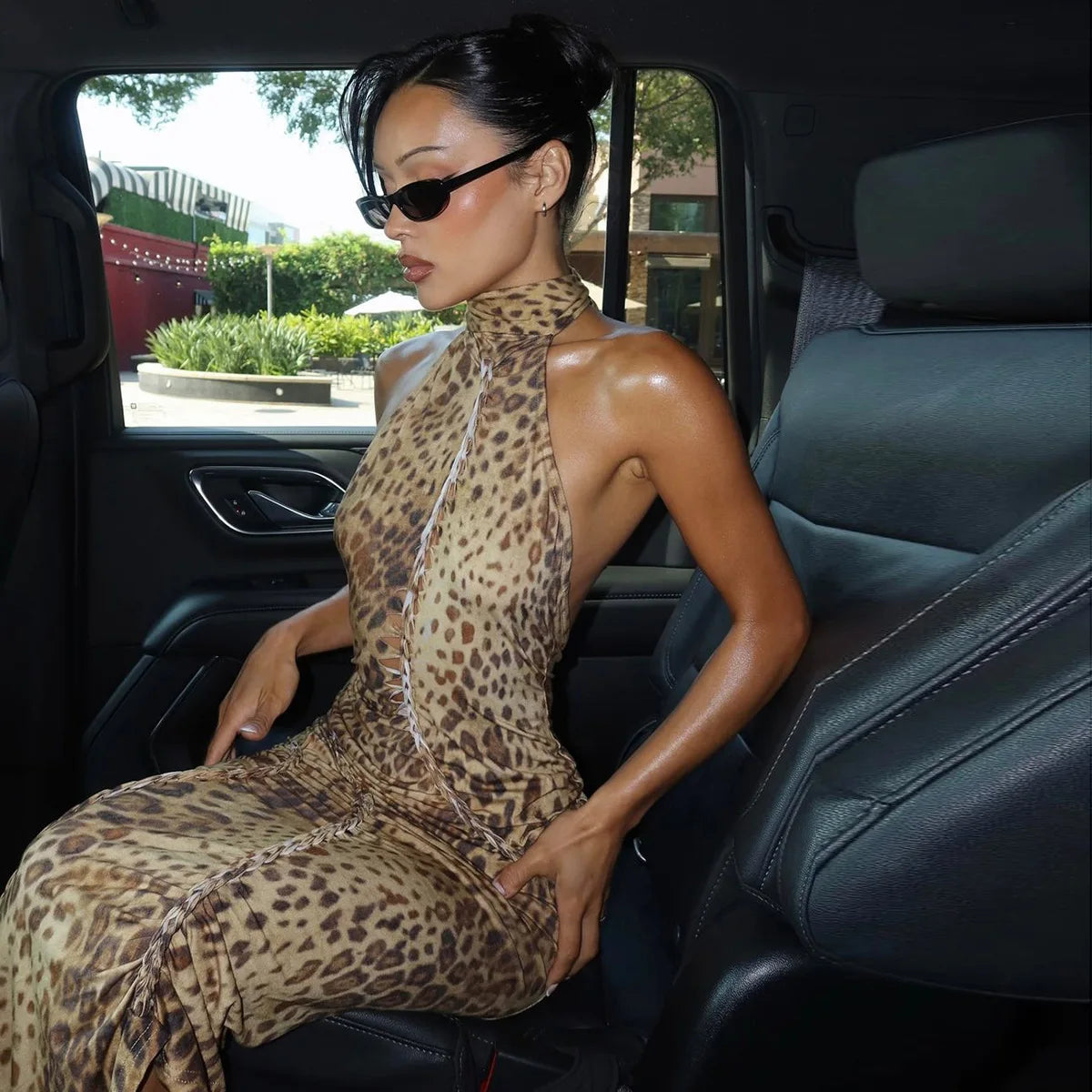 Halter Neck Leopard Print Backless Maxi Dress for Women