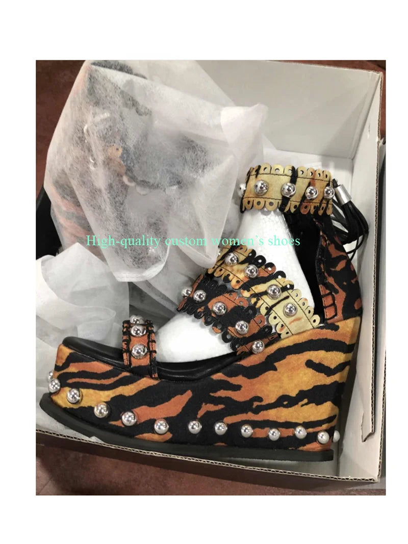 Rivet Detail Leopard Print Platform Sandals For Women