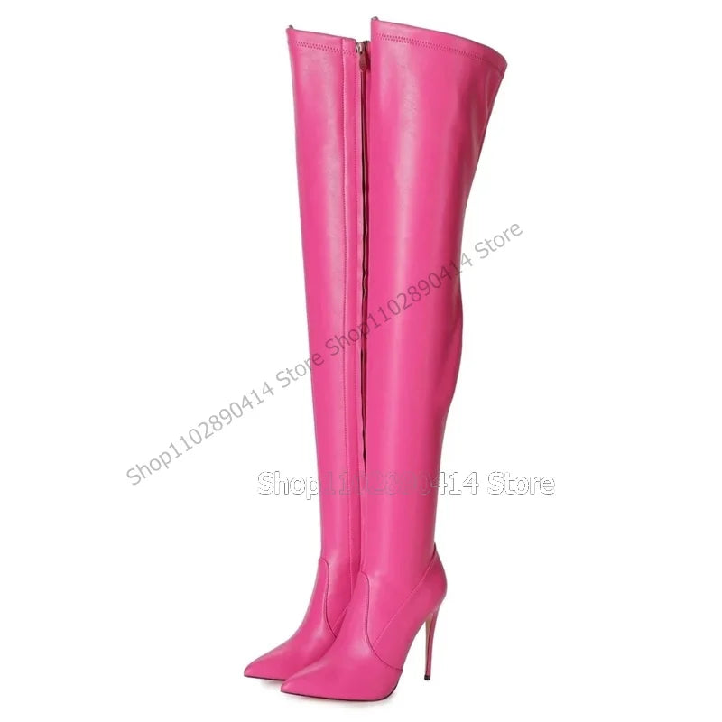 Rose Red Pointed Toe Side Zipper Thigh High Heel Boots for Women