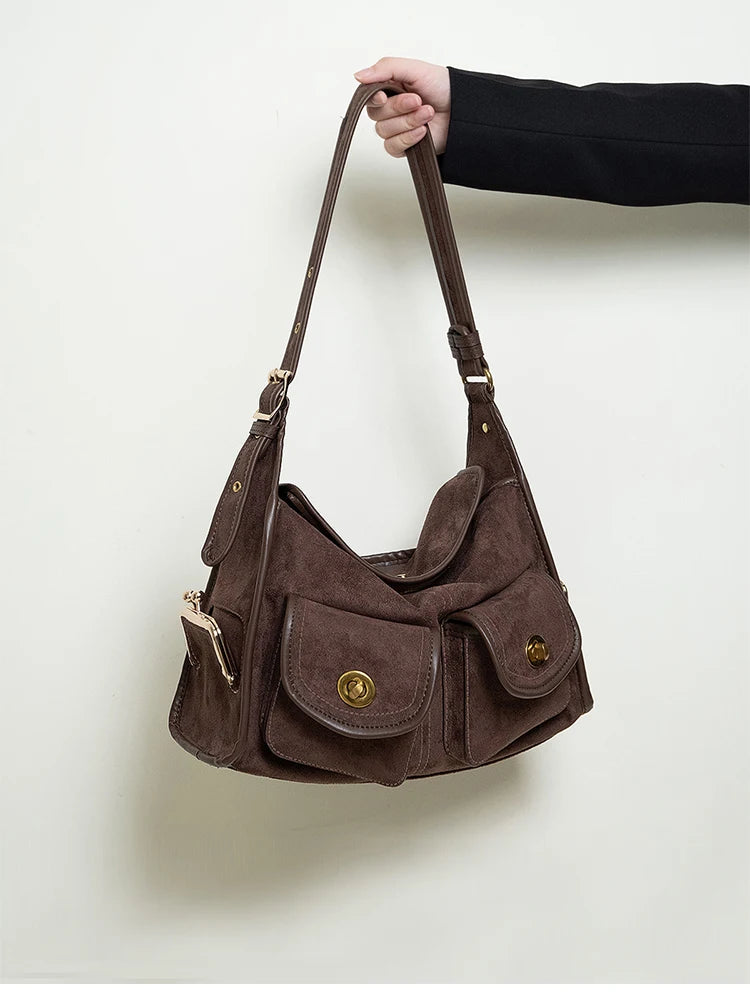 Casual Commuter Large Capacity Suede Pillow Bag Single Shoulder Crossbody Bag Vintage Style Polyester Lining Zipper Closure