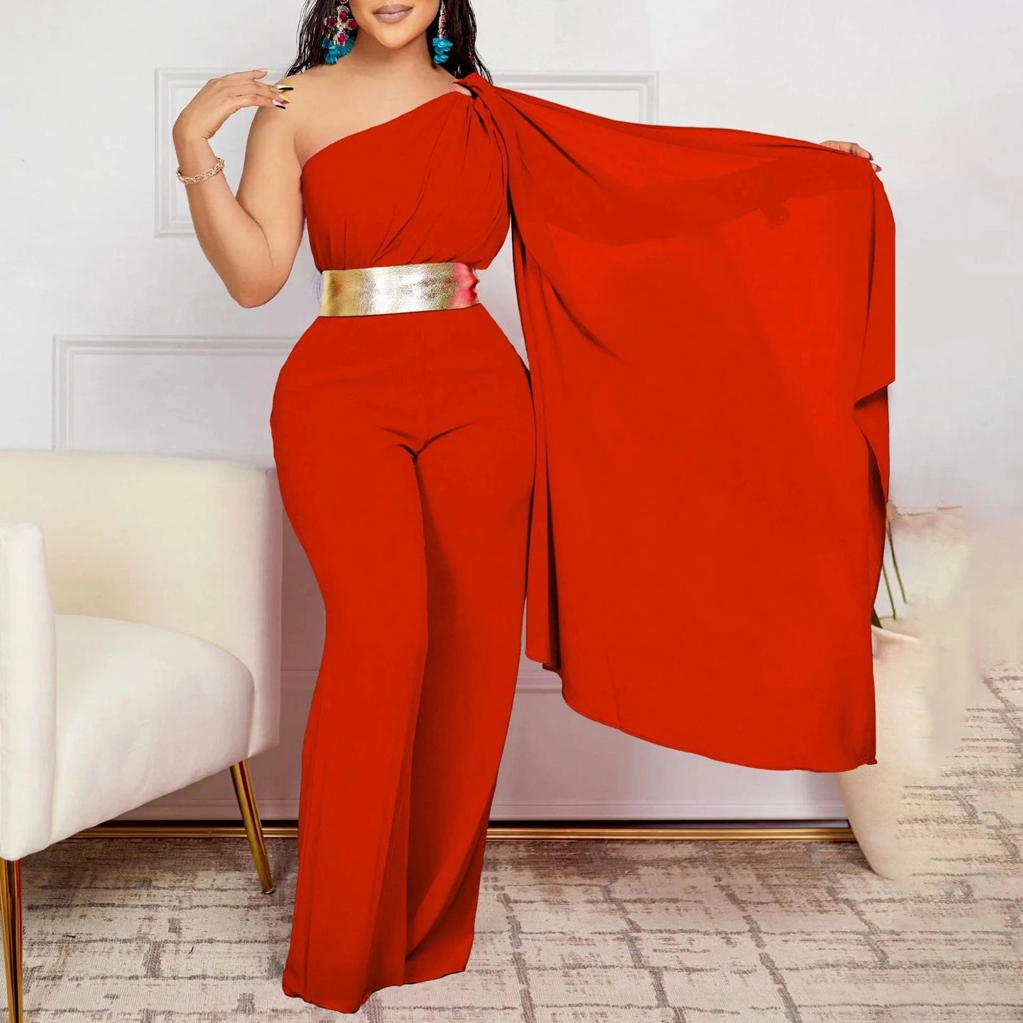 Elegant Jumpsuits & Rompers for Woman One Shoulder Flying Sleeve High Waisted Luxury Birthday Party Dinner Outfits Overalls 2024