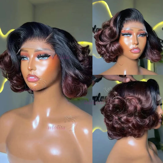 100% Raw Indian Virgin Hair Bouncy Wave 4x4 HD Lace Closure Wigs Wear and Go Ombre Chocolate brown #4 Bouncy Curly Glueless Wigs