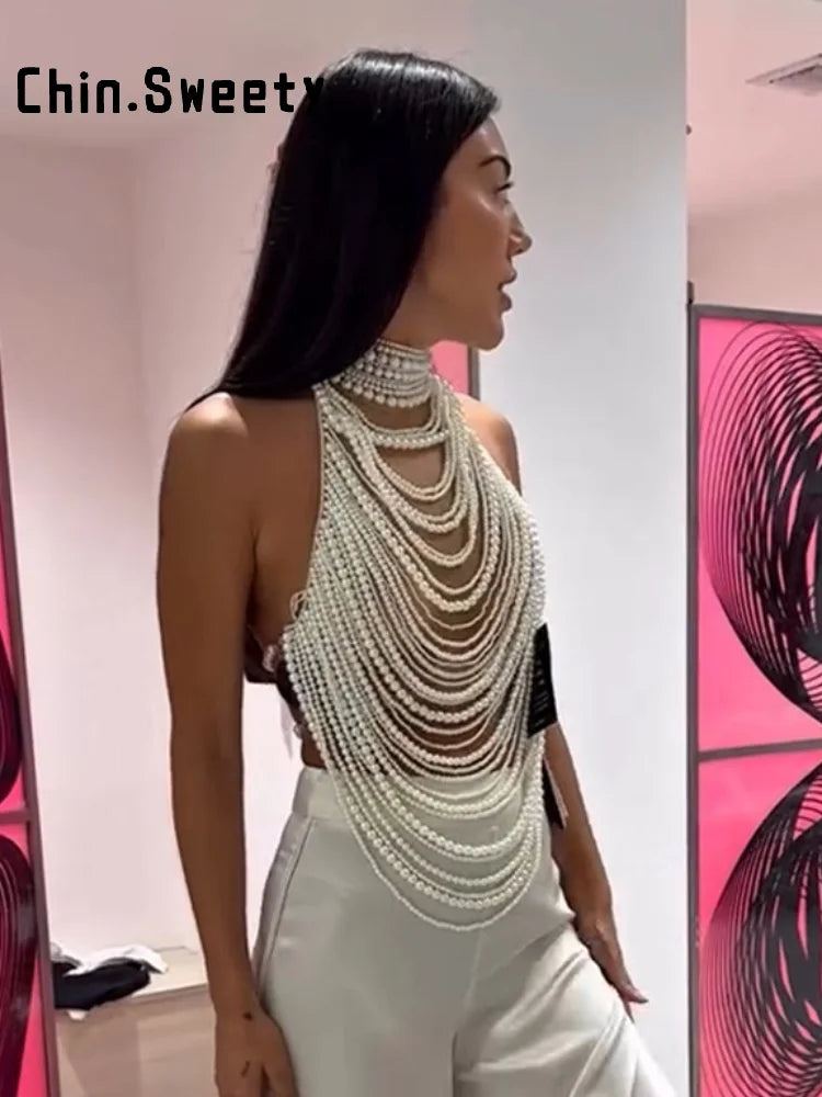 Elegant Pearl Halter Tank Top With Layered Chain Trim for Women