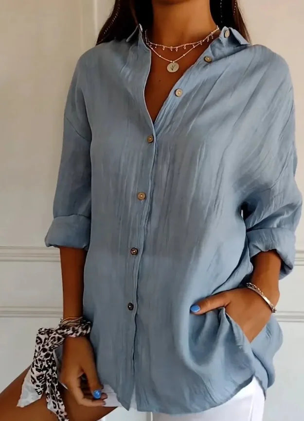 Relaxed Fit Long Sleeve Solid Color Blouse For Women