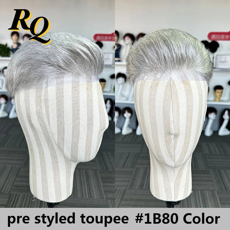 Pre Styled Human Hair Toupee For Men With Thin Skin Base