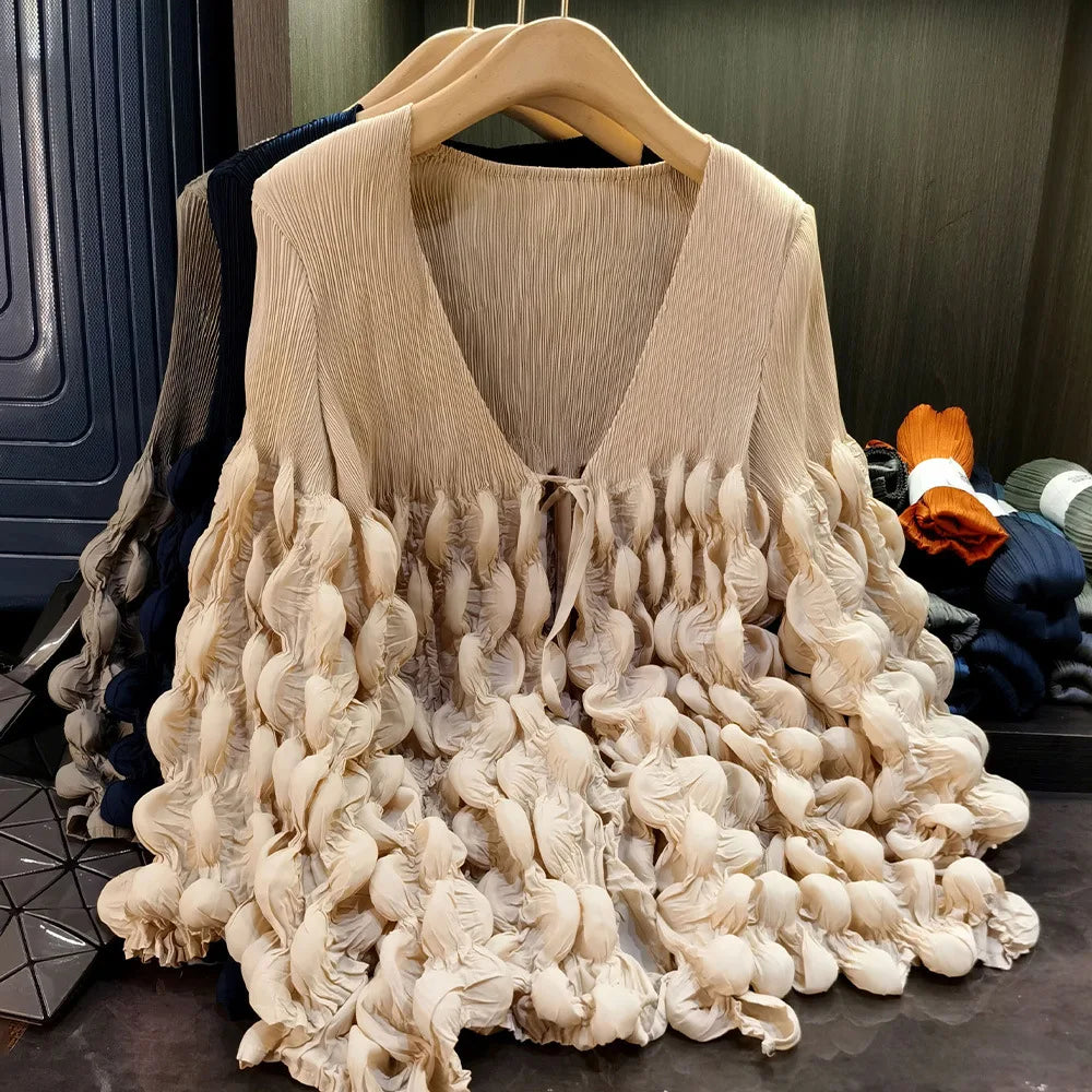 Elegant Lace Up Pleated Long Sleeve Coat for Women