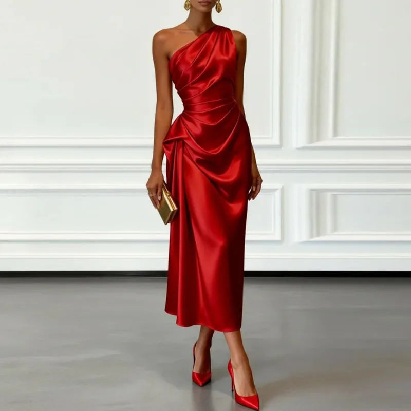 Charming One Shoulder Ruched Waist Satin Midi Dress For Women