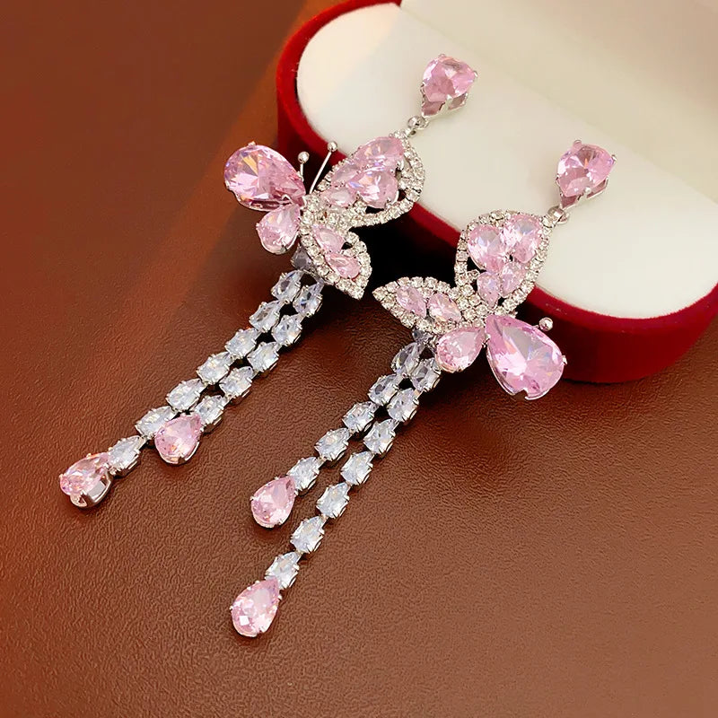 Pink Zircon Butterfly Tassel Earrings