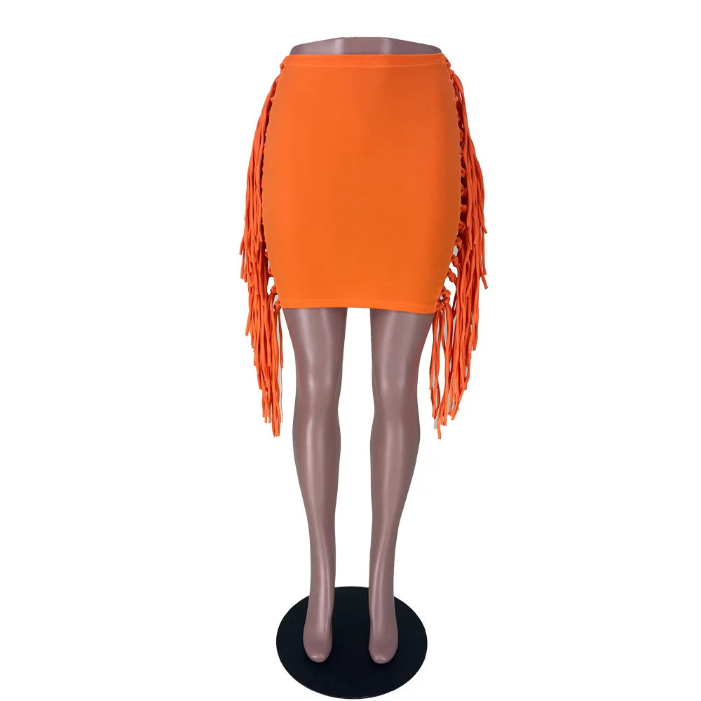 FAGADOER Sexy Tassel Bodycon Mini Skirts Party Club Outfits Women Fashion Chic Streetwear Short Birthday Holidays Skirt Solid