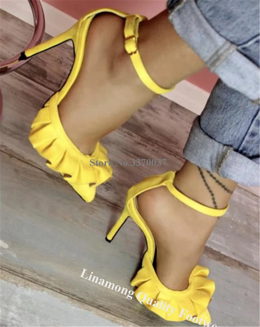 Yellow Suede Ruffle Ankle Strap Pointed Toe Stiletto Pumps For Women