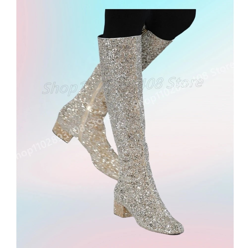 Glitter Sliver Party Dance Knee High Boots Runway Side Zipper Chunky High Heel Fashion Sexy Women Shoes 2025 Hot Para Mujere