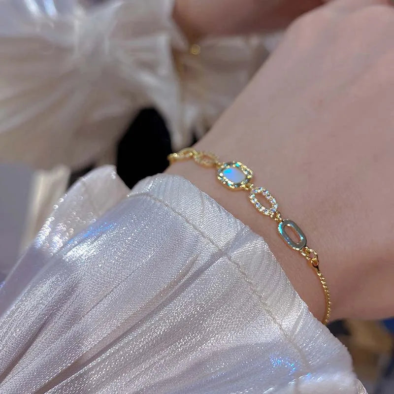 Gold Tone Square Opal Chain Bracelet