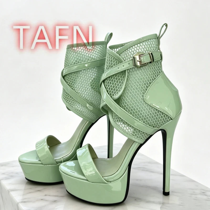Peep Toe Mesh Caged Sandals With Patent Leather Platform Plus Size for Women