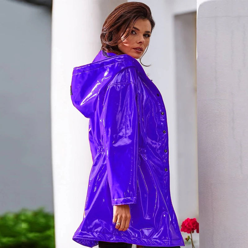 Women Casual Patent Leather Hooded Trench Loose Fashion PVC Long Coats Button Jackets Long Sleeve Plus Size PU Outwear Custom