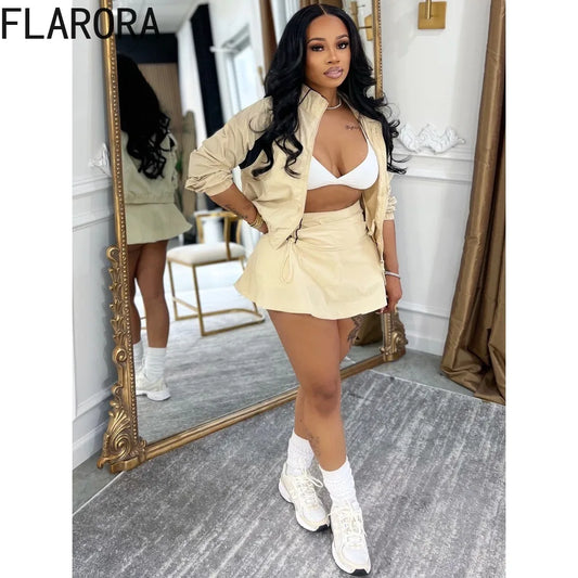 Color Block Zip Jacket And Shirred Shorts Set for Women