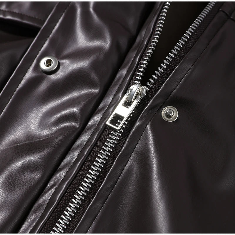 Vintage Cinched Waist Zipper Faux Leather Jacket for Women