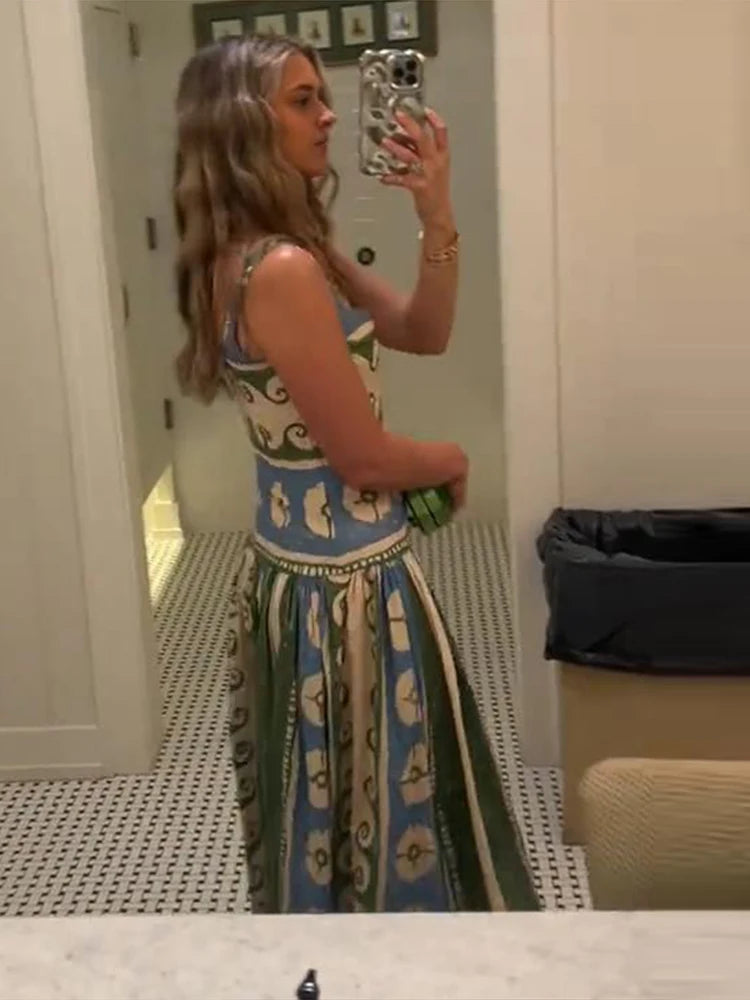 Printed Sleeveless Backless V Neck Midi Dress for Women