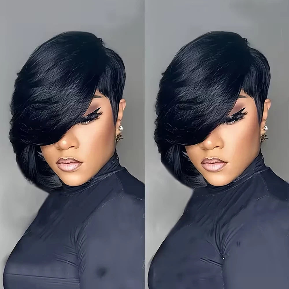 Short Pixie Cut Human Hair Wig With Side Bangs for Women
