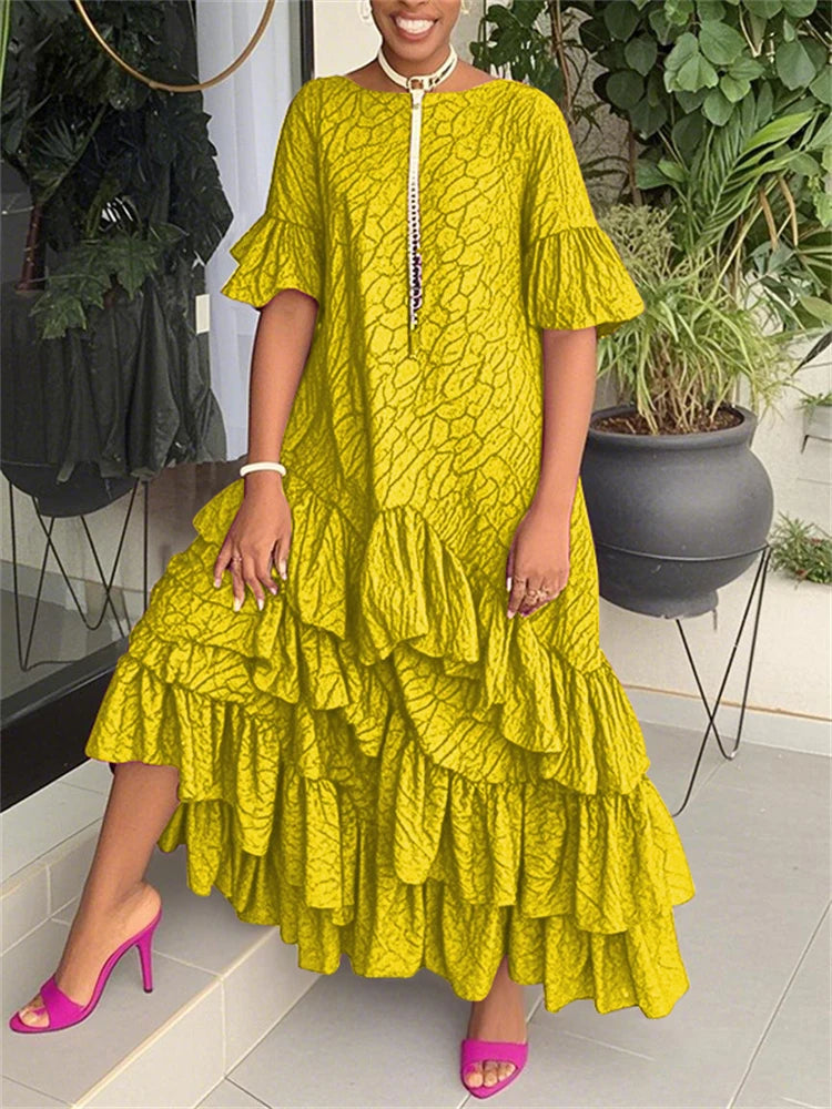 UOOZEE Women Fashion Printed Ruffle Trim Layered Pleated Maxi Dresses Flared Sleeves Elegant Evening Banquet Long Dress 2025 New