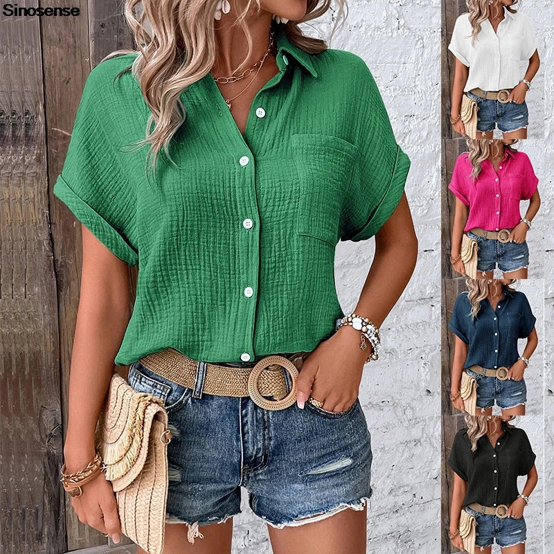 Short Sleeve Cotton Button Down Blouse With Pockets for Women