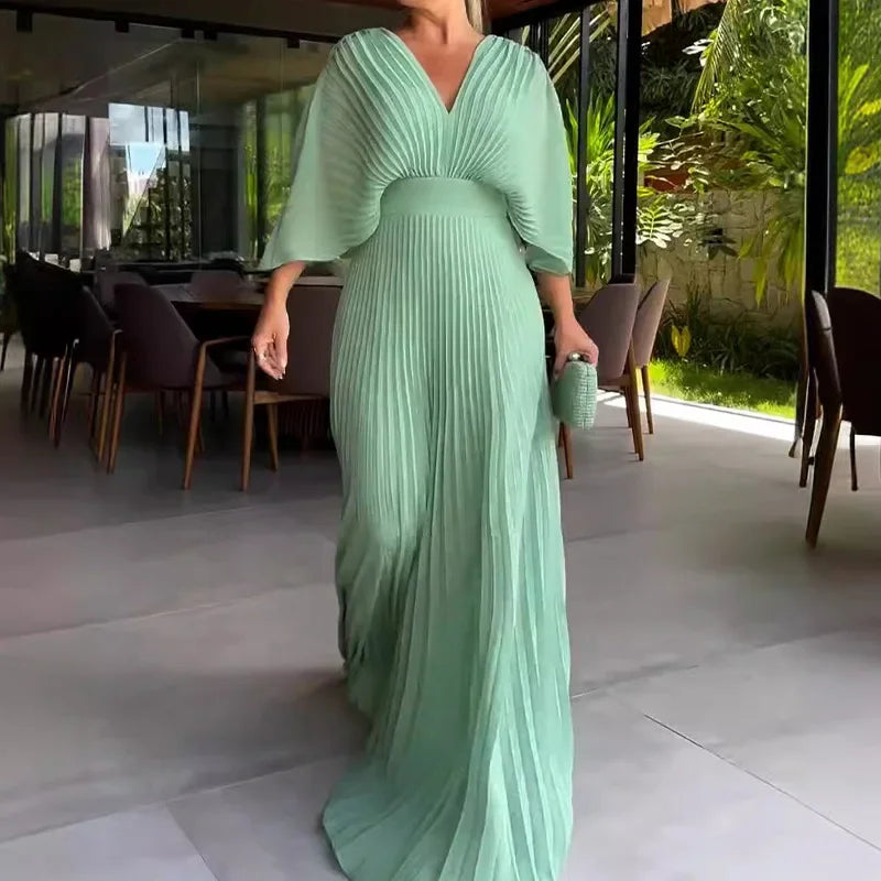 Solid Color V-Neck Bat-Sleeve High-Waisted Dress for Women