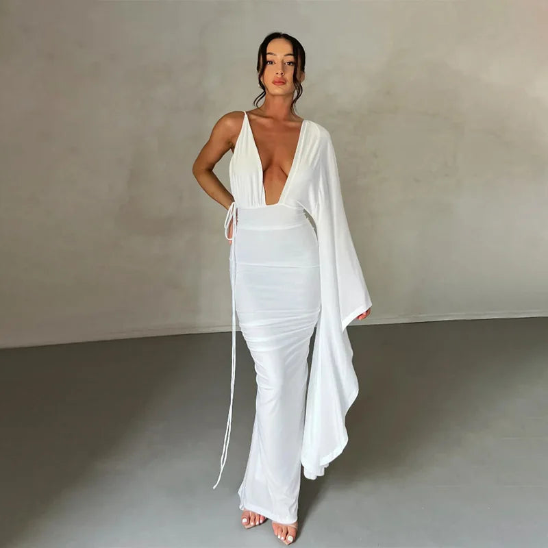 Cryptographic Fashion Draped Deep V Sexy Backless Maxi Dresses Party Club Women Elegant One Shoulder Gown Slip Dresses Ruched