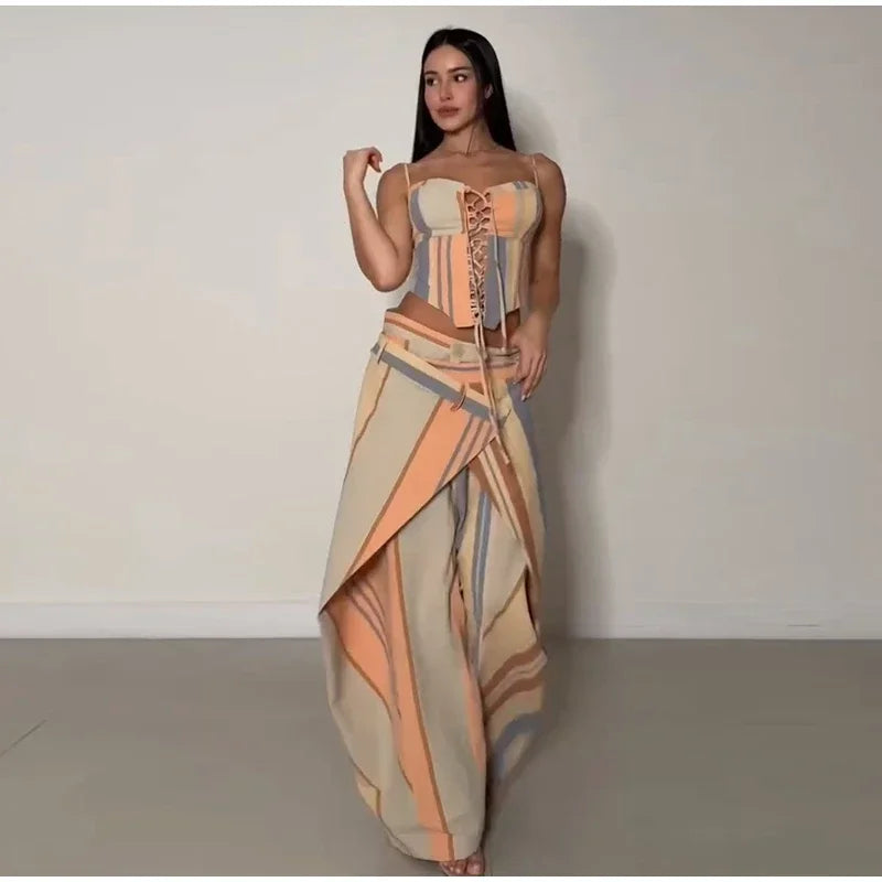 Striped Patchwork Vest and Asymmetric Trousers Set for Women