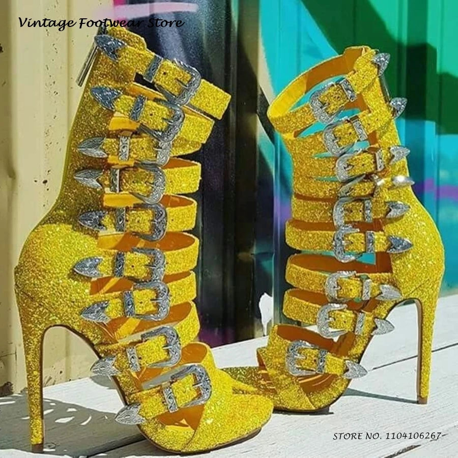Glittering Sequined Open Toe Thin Heel Sandals for Women