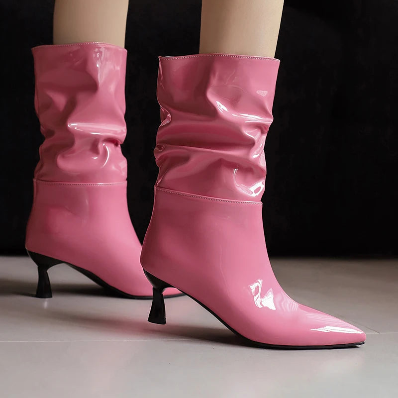 Patent Leather Pointed Toe Mid Calf Slouch Boots for Women