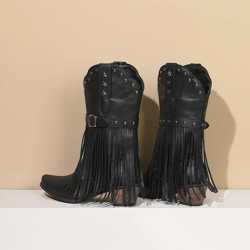 Western Fringed Riveted Block Heel Knee Boots for Women