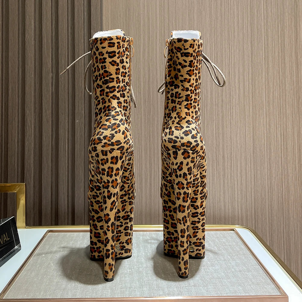 Leopard Print Suede Ankle Boots With Zipper Straps for Women