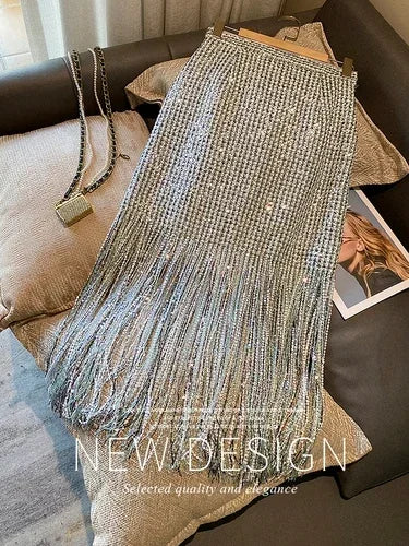 Women's Clothes High Waist Skirt Winter 2025 Early Autumn New Socialite Light Luxury Heavy Embroidery Sequins Tassel Midi Skirts