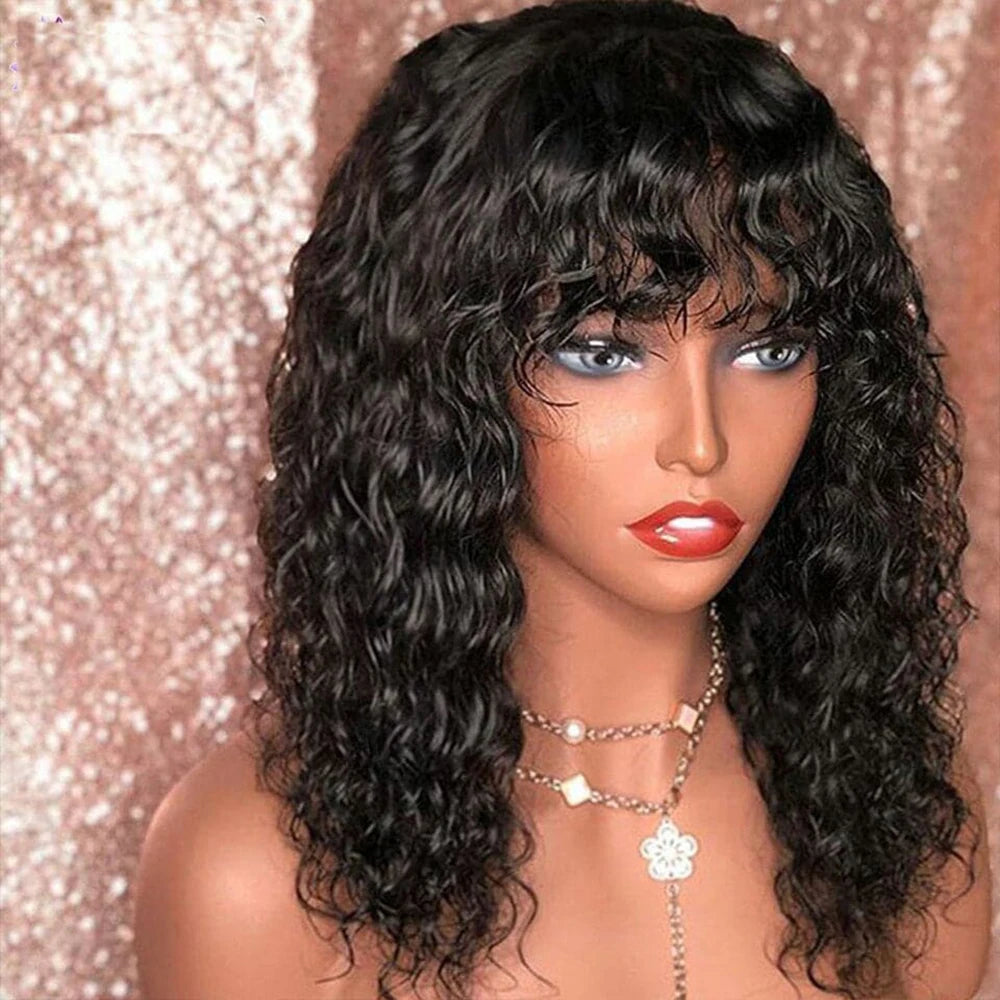 Water Wave BOB Wig With Bangs Human Hair Realistic Look Bang Wig 180% Medium Length Curly Wigs for Black Women Natural Black