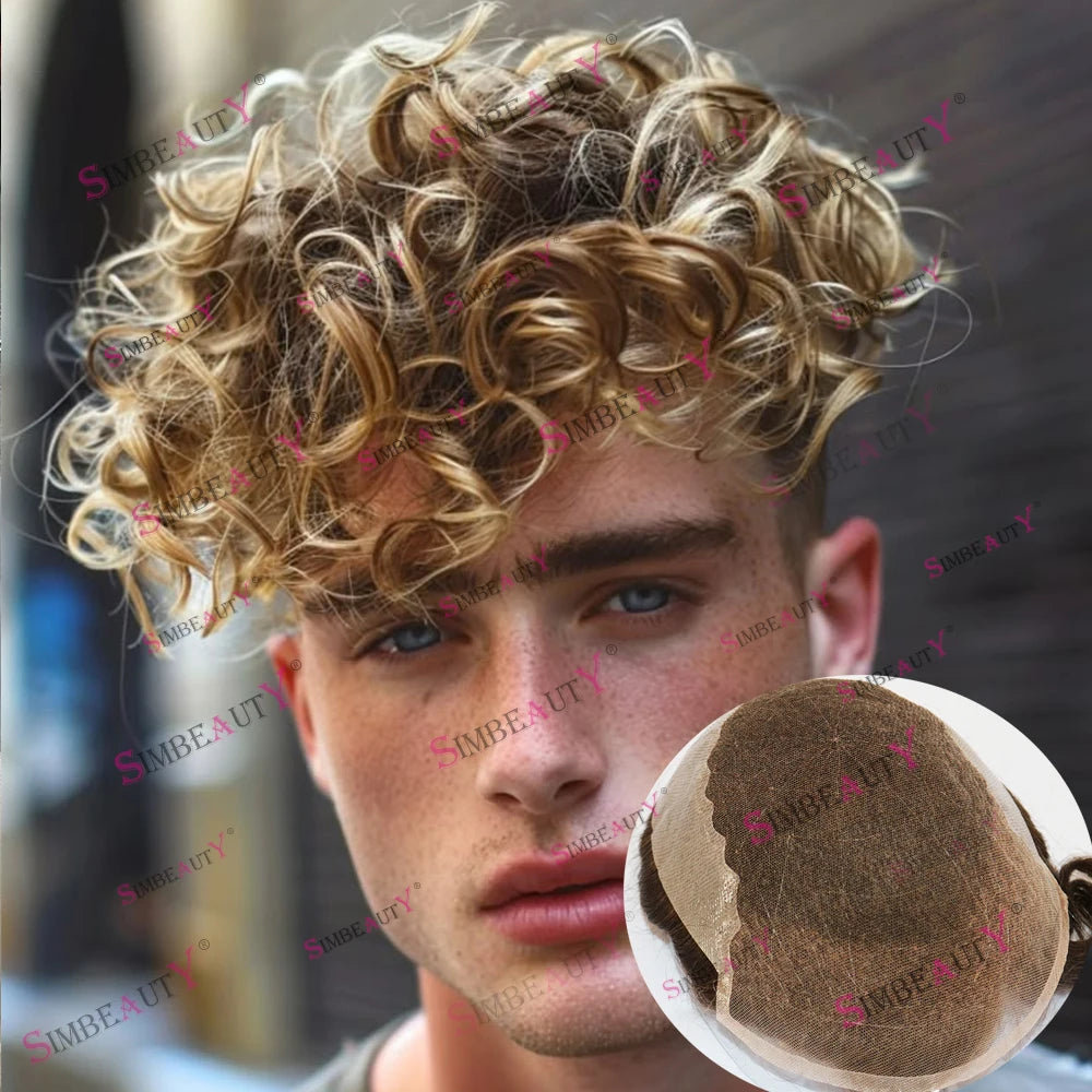 Curly Blonde Lace Front Human Hair Toupee for Women