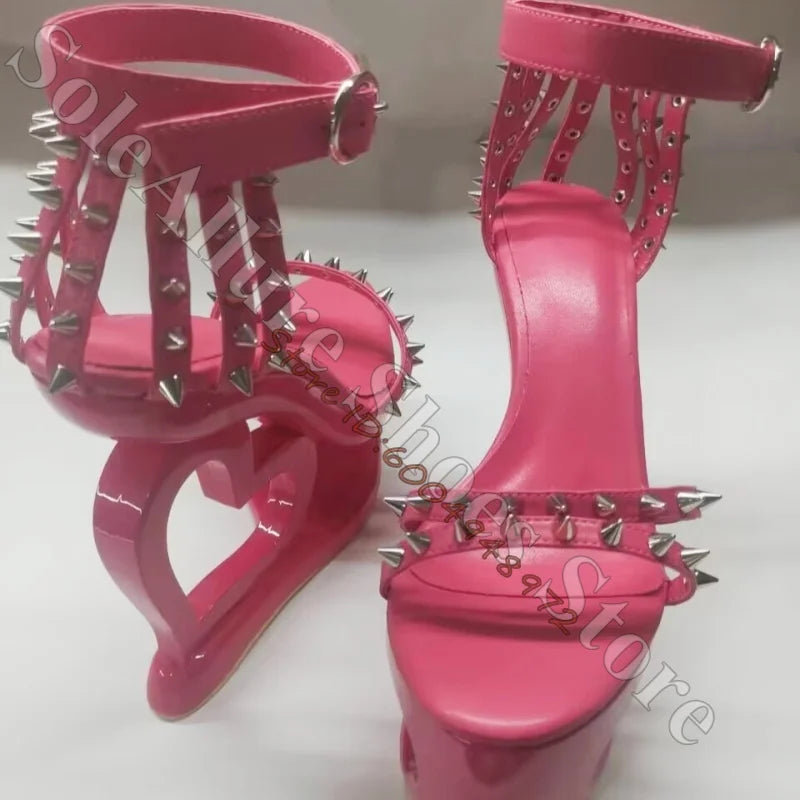 Glossy Patent Leather Spiked Heart Cage Wedge Sandals For Women