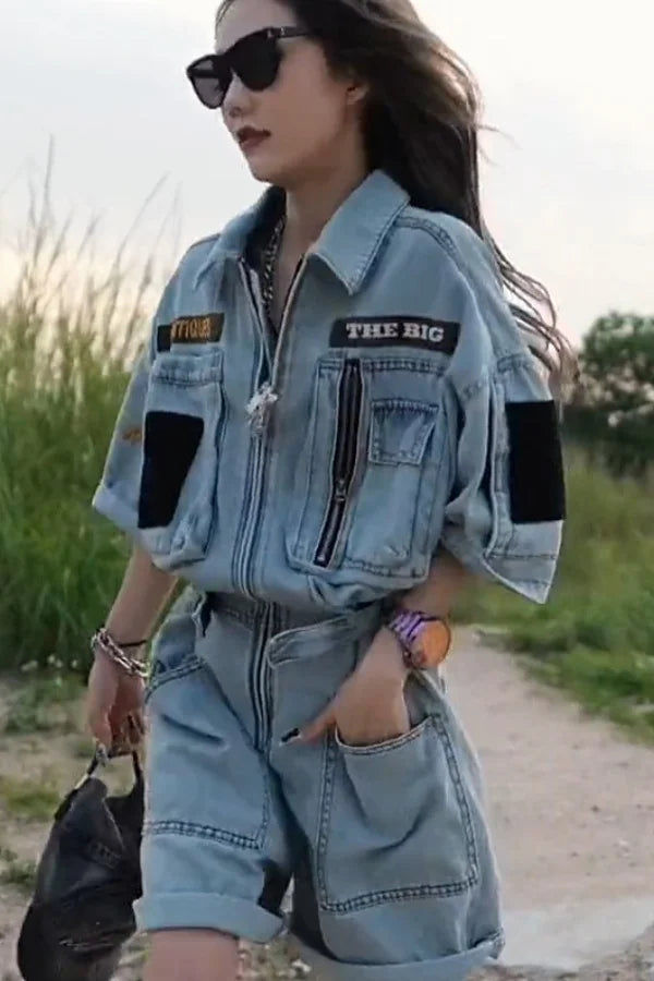 Oversized Embroidered Polo Collar Jumpsuit For Women