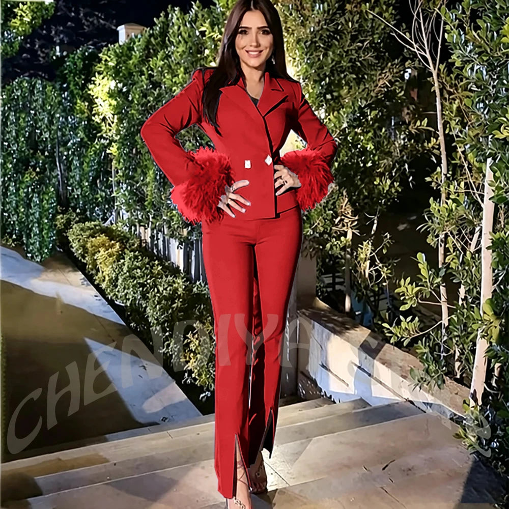 Luxury Feather Women's Suit Sim Fit Peak Lapel Jacket Pants with Split Fashion Outfit for Office Lady Party Business Wear