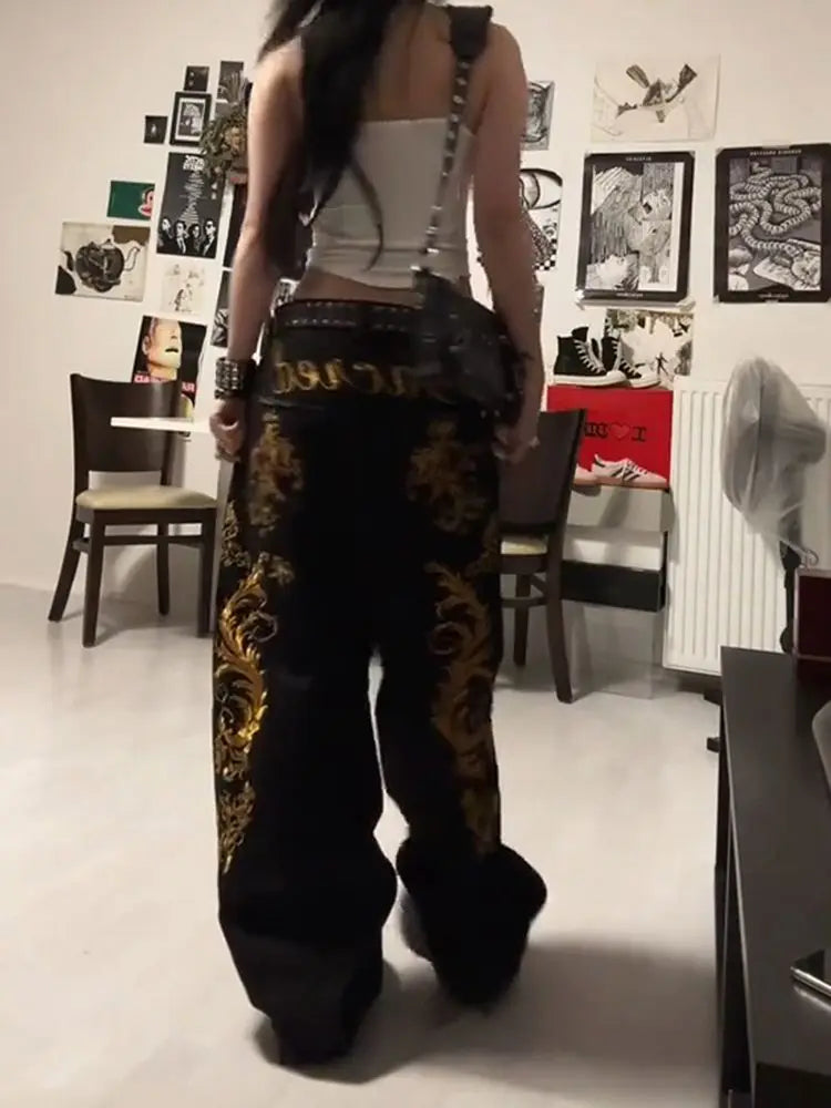 American Retro Dragon Print Straight Jeans Millennium Subculture Fashion Hot Girl Jeans Harajuku Hip Hop Y2k Pants Baggy Jeans