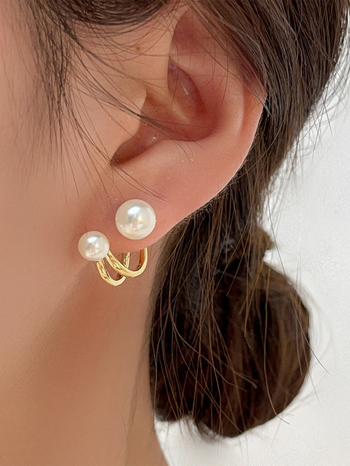 Gold Tone Pearl Geometric Stud Earrings
