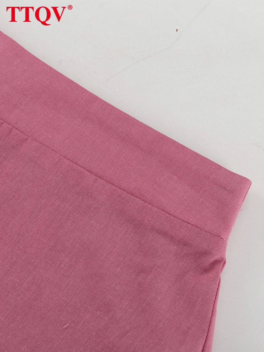 Loose Pink Cotton Shirt and Wide Leg Pants Set for Women