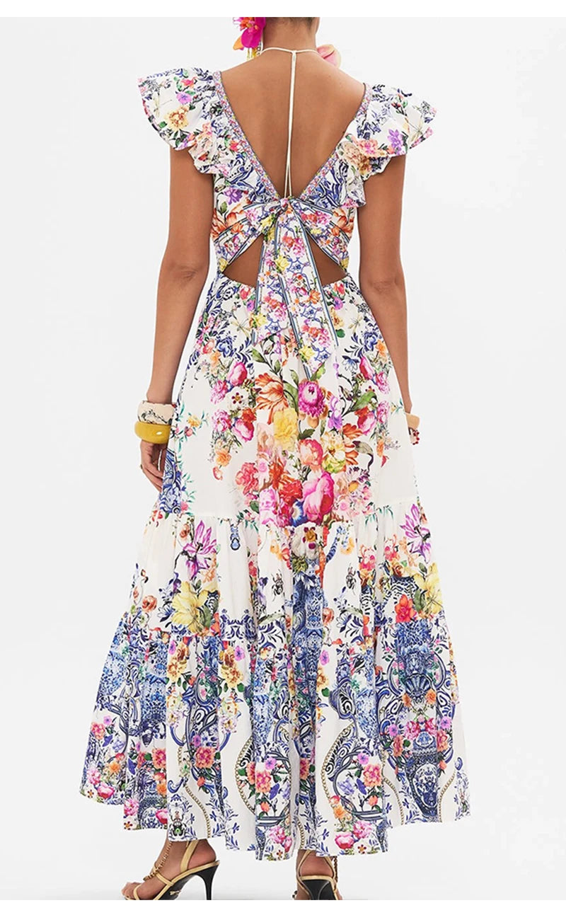 Deep V Neck Print Midi Dress
