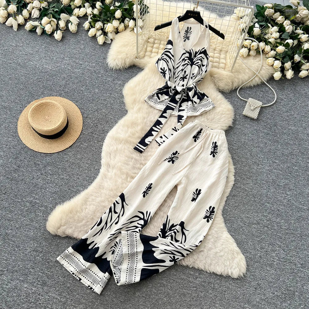 Boho Print Lace-Up Tank Top and Wide-Leg Pants Set for Women