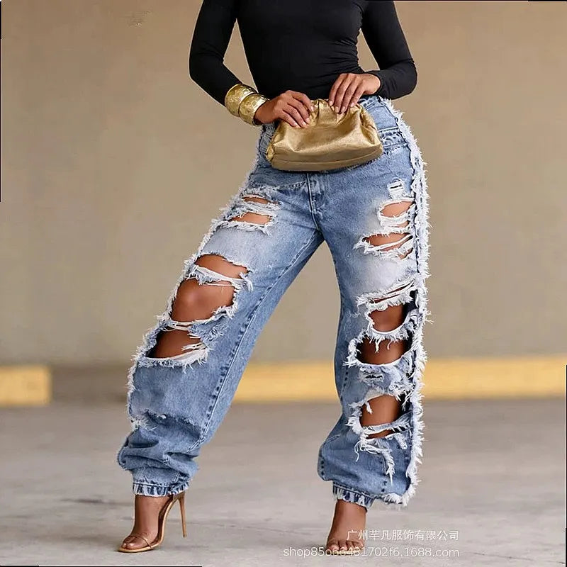 High Waist Ripped Frayed Denim Wide Leg Jeans for Women