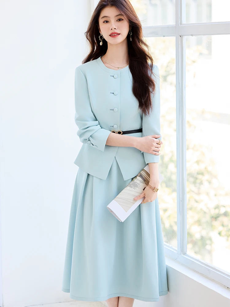 Fashion Women Formal Blazer Skirt Suit Ladies Blue Apricot Black Female Business Work Wear Two Piece Set For Autumn Winter