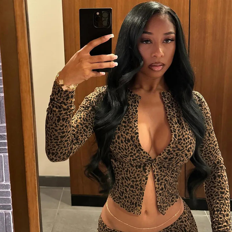 FAGADOER Fashion Leopard Print 2 Piece Sets Women Outfit Long Sleeve Crop Top + Low Waist Skinny Pants Suits Female Streetwear