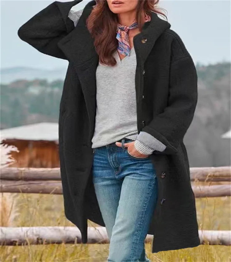Oversized Hooded Casual Solid Color Wool Blend Coat for Women